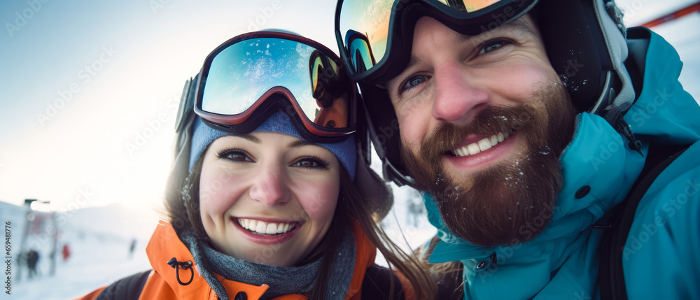 Selfie of smiling snowboarders or skiers couple in equipment on snowy mountain resort. Winter traveling, vacation.Generative ai Selfie of smiling snowboarders or skiers couple in equipment on snowy mountain resort. Winter traveling, vacation.Generative ai