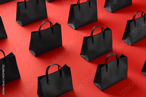 Pattern of black women's handbags made of leather on a red background. Design for a web store of bags. Sale, black friday