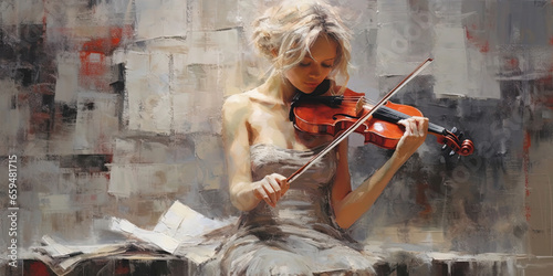 Liquid Oil Painting in Oil Mixed Style Brush Stroke of Beautiful Young Girl Play Violin Vibrant Abstract Art