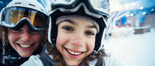 Selfie of happy mother and child in snowboard equipment, glases on snowy ski resort. Familly vacation. Winter holidays concept. Generative ai