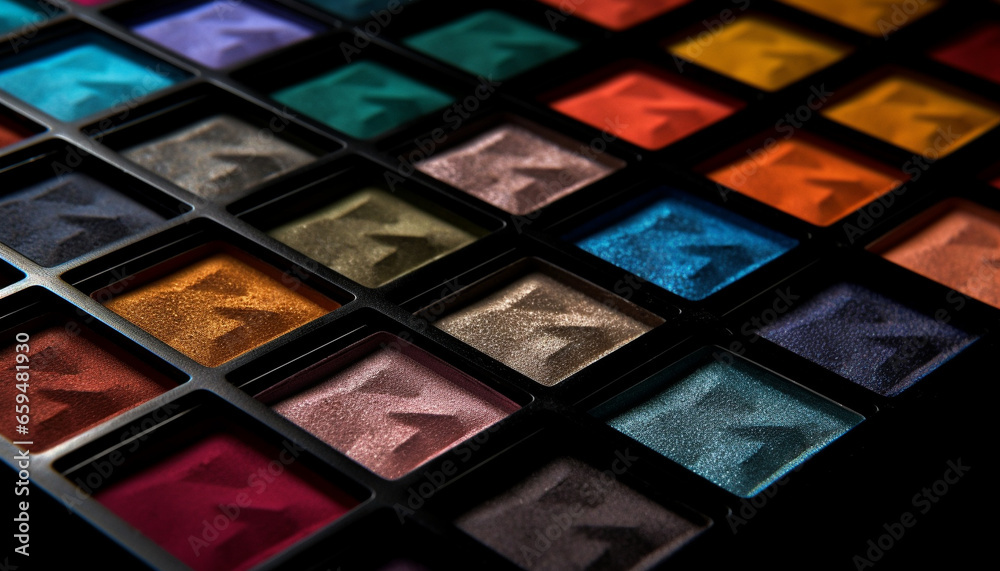 Vibrant colors in a large beauty set with eye shadow palette generated by AI Vibrant colors in a large beauty set with eye shadow palette generated by AI