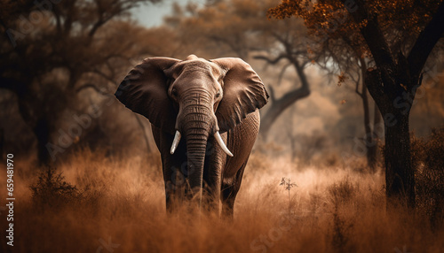 African elephant walking in the savannah at sunset, grazing peacefully generated by AI