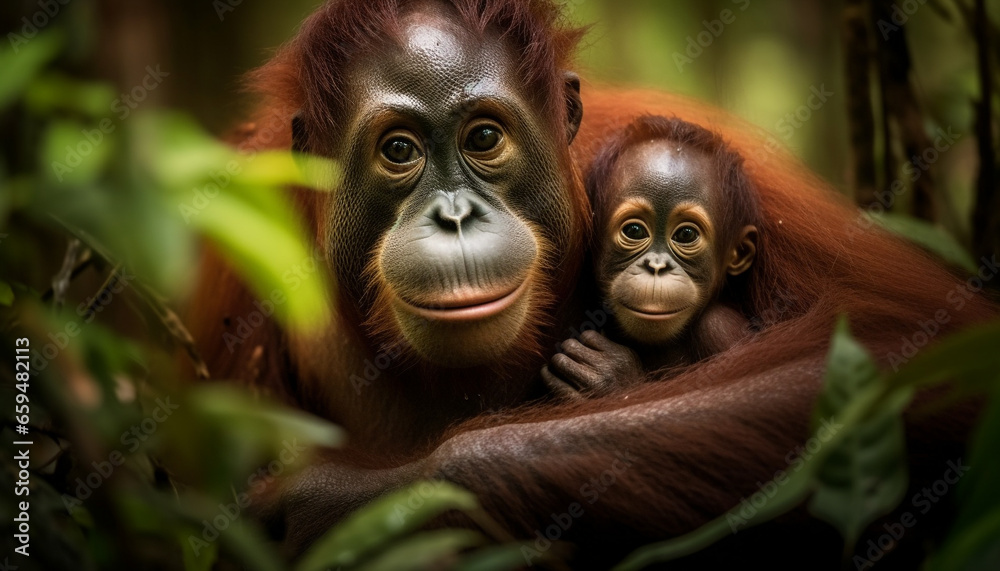 Young primate sitting in tropical rainforest, looking at camera with love generated by AI