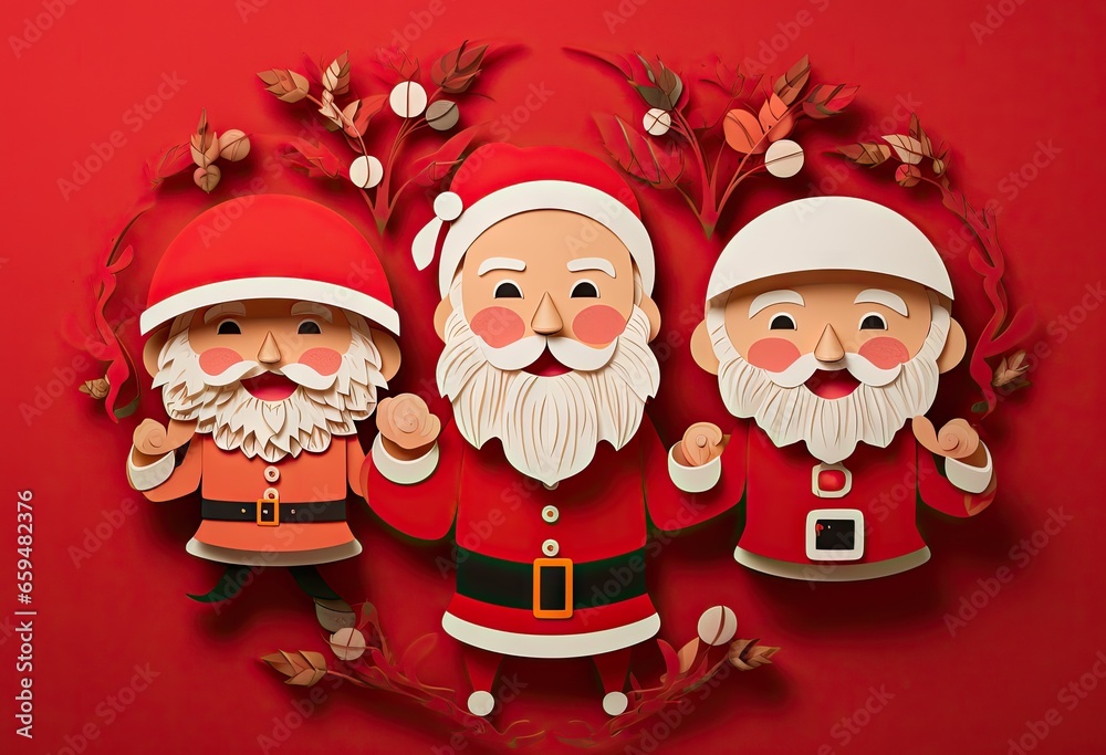 santa claus with elves ornaments and branches on red background Generative AI santa claus with elves ornaments and branches on red background Generative AI