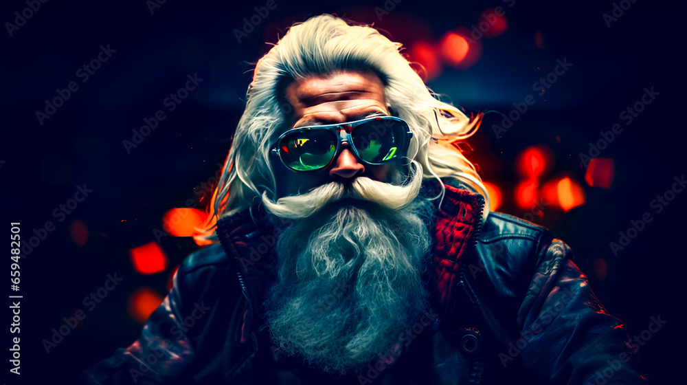 Fototapeta premium Man with long white hair and beard wearing sunglasses and leather jacket.