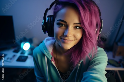 Chica gamer de pelo rosa jugando a videojuegos con auriculares. Nuevos trabajos, concepto. 