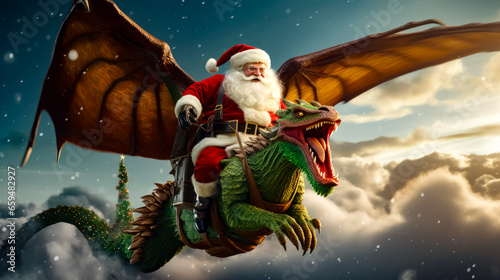 Man riding on the back of dragon next to christmas tree.