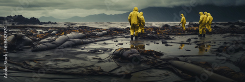 oil spill, dark viscous liquid covering the ocean surface, devastated wildlife, cleanup crews in hazmat suits, moody overcast lighting
