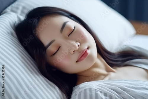 Young Asian Woman Sleeping and Relaxing in Bedroom at Home Generative Ai.
