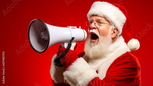 Man in santa suit holding megaphone and yelling into it.