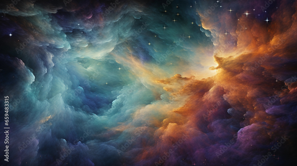 Orion Nebula, celestial hues of purple, teal, and gold, cosmic swirls, dust clouds, star - forming region, gaseous expanse