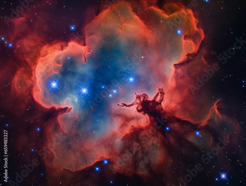 Trifid Nebula, youthful star - forming region, sharp detail, color contrast of red emission and blue reflection nebulae