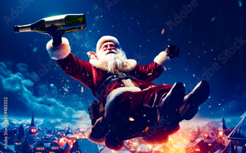 Man dressed as santa claus flying through the air with bottle of wine in his hand.