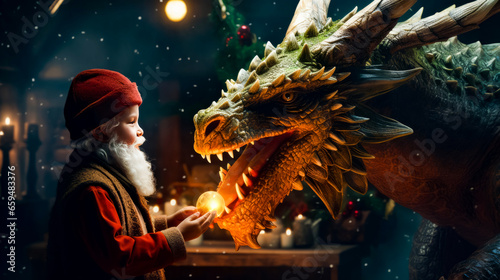 Man in red hat holding glowing ball next to dragon. © Констянтин Батыльчук