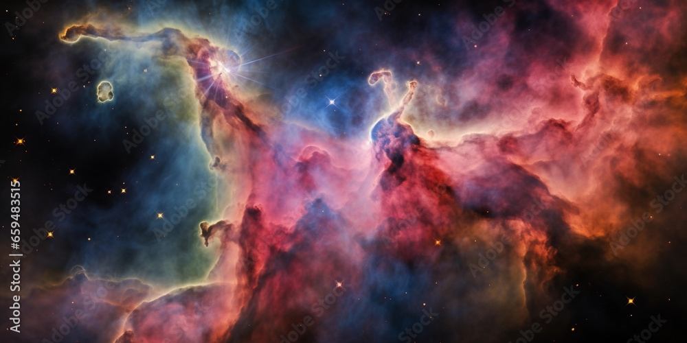 Carina Nebula, bursting with hot pink, neon green, and deep blues, vibrant energy, young star clusters Carina Nebula, bursting with hot pink, neon green, and deep blues, vibrant energy, young star clusters
