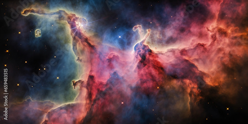 Carina Nebula  bursting with hot pink  neon green  and deep blues  vibrant energy  young star clusters