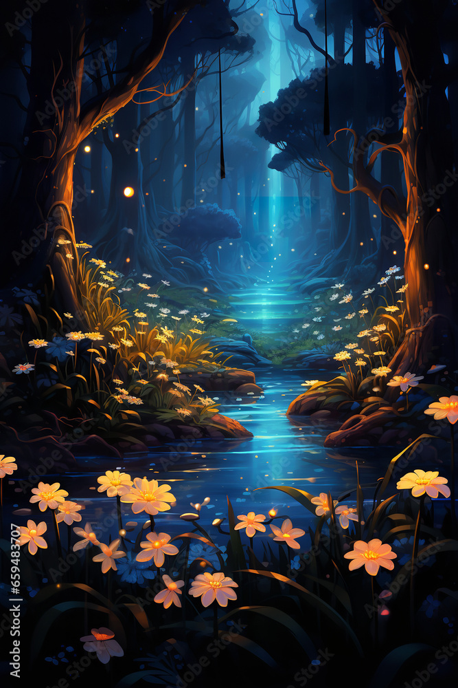 A tranquil forest glade illuminated with the soft glow of bioluminescent flowers.