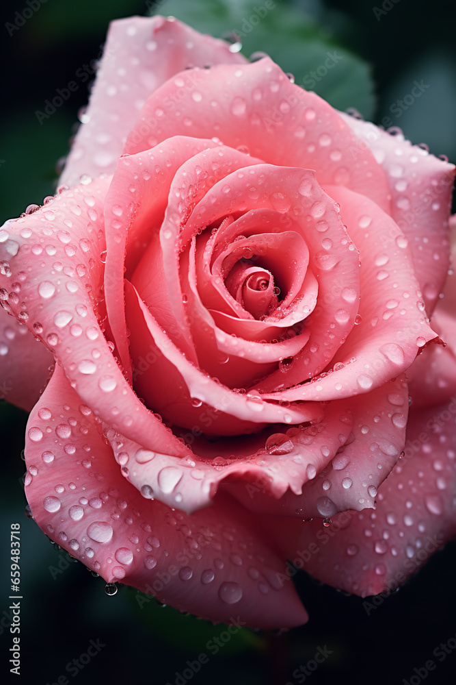 Cascading petals of a lush rose drenched in morning dew.