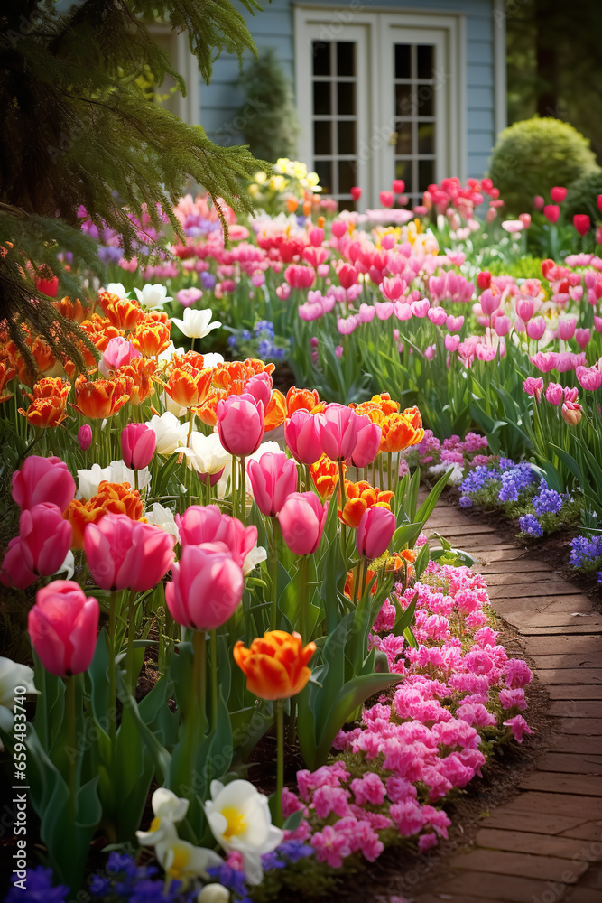 Obraz premium A vibrant garden patch displaying tulips in a medley of radiant colors.