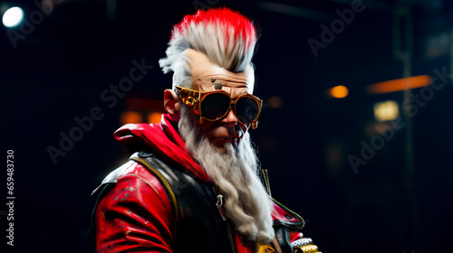 Close up of person with long white beard and red hair.