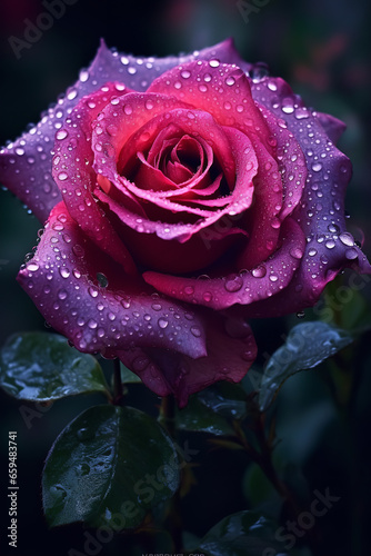 Cascading petals of a lush rose drenched in morning dew.