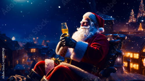 Man dressed as santa claus holding glass of beer in his hand. © Констянтин Батыльчук