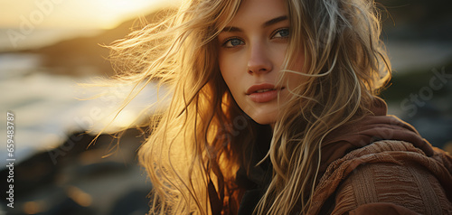 Young adult attractive scandinavian woman, sunset light, beautiful lady pretty model with curly hair, freckles looking at camera on outdoor, close up face portrait. Skin care, natural beauty