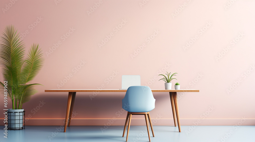 modern minimal home office table, blue chair and pink wall, copy space modern minimal home office table, blue chair and pink wall, copy space