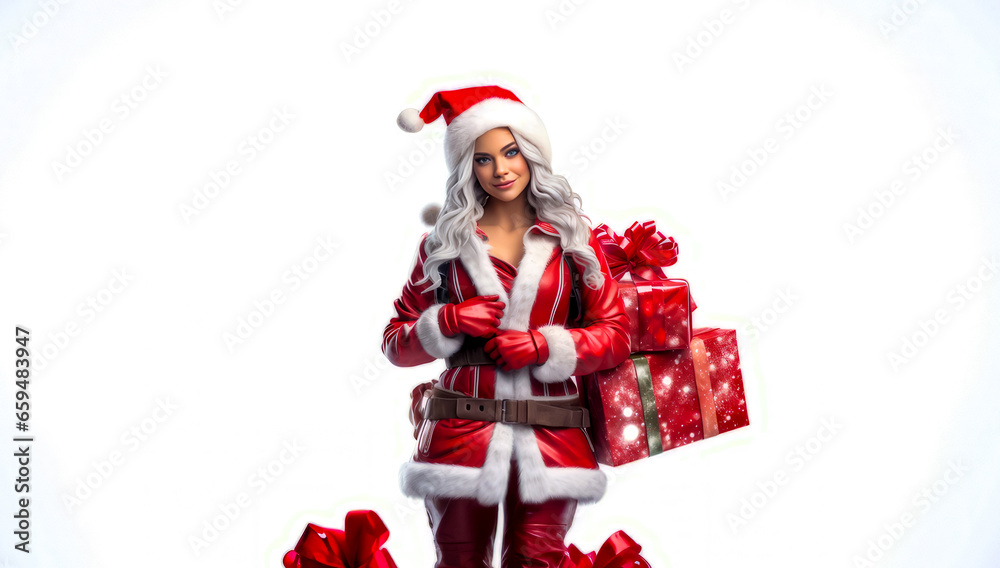 Woman dressed in santa suit and holding box of presents while standing next to pile of presents. Woman dressed in santa suit and holding box of presents while standing next to pile of presents.