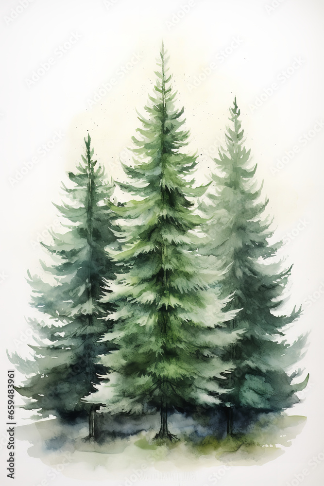 Obraz premium a watercolor piece entitled christmas trees, in the style of light white and light gray, historical illustrations, 