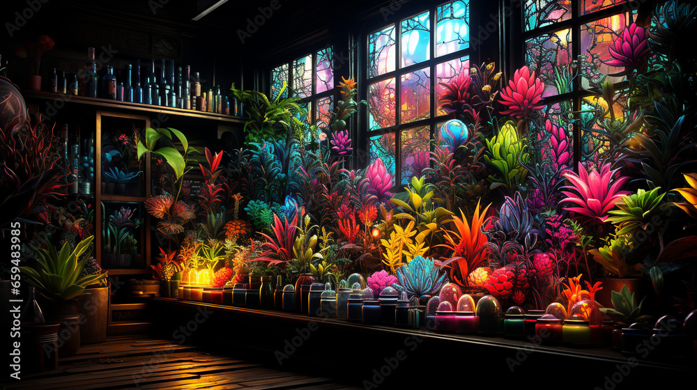 meets cyberpunk aesthetic plants grow everywhere, psychedelic neon colors meet crazy maximalism 3d generative ai