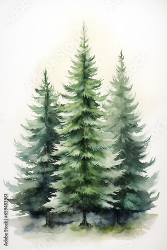 a watercolor piece entitled christmas trees  in the style of light white and light gray  historical illustrations  