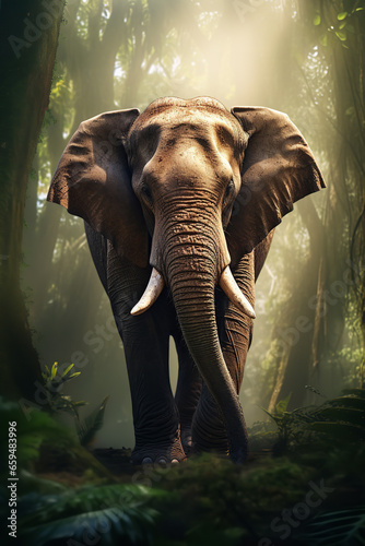 an elephant standing in the middle of the jungle