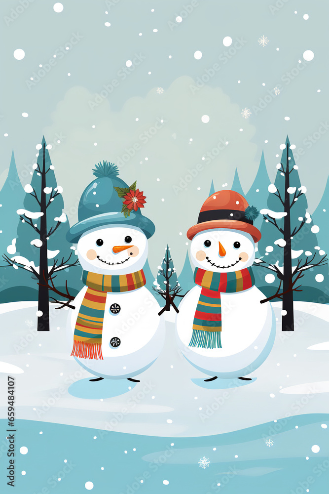 Fototapeta premium cute winter design with 2 snowman holding hands, in the style of colorful animations, candycore