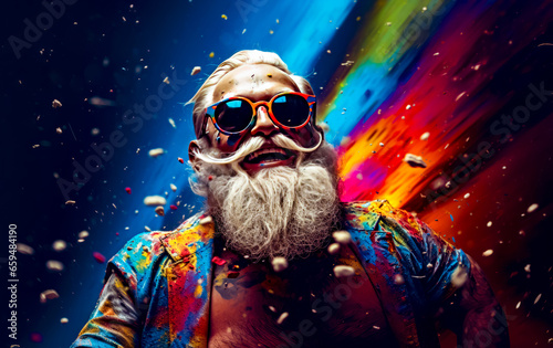 Man with sunglasses and beard in front of rainbow colored background.