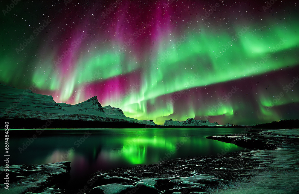 Majestic Sky with Aurora and Stars. Green Northern Lights Wallpaper with copy-space