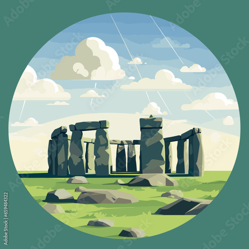 simple flat 2D illustration, simple colors, hand drawn, stonehenge. Very famous ancient. must-see monument is a powerful testament to human ingenuity, imagination and creativity. Prehistorical site. U