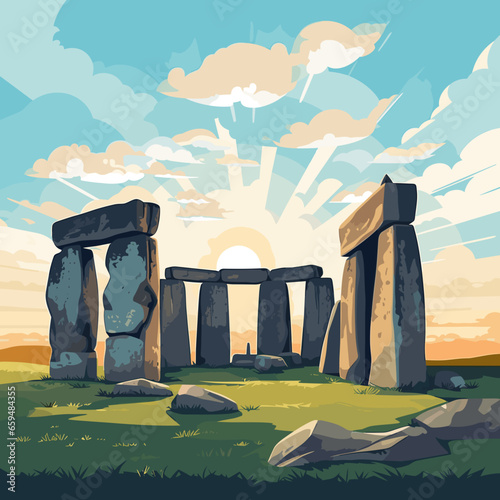 simple flat 2D illustration, simple colors, hand drawn, stonehenge. Very famous ancient. must-see monument is a powerful testament to human ingenuity, imagination and creativity. Prehistorical site. U