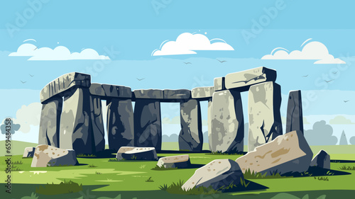 simple flat 2D illustration, simple colors, hand drawn, stonehenge. Very famous ancient. must-see monument is a powerful testament to human ingenuity, imagination and creativity. Prehistorical site. U