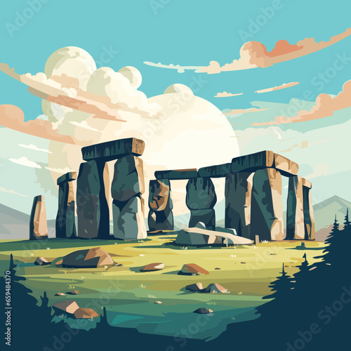 simple flat 2D illustration, simple colors, hand drawn, stonehenge. Very famous ancient. must-see monument is a powerful testament to human ingenuity, imagination and creativity. Prehistorical site. U