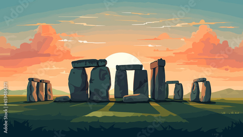 simple flat 2D illustration, simple colors, hand drawn, stonehenge. Very famous ancient. must-see monument is a powerful testament to human ingenuity, imagination and creativity. Prehistorical site. U
