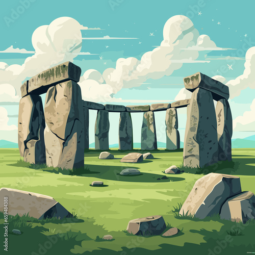 simple flat 2D illustration, simple colors, hand drawn, stonehenge. Very famous ancient. must-see monument is a powerful testament to human ingenuity, imagination and creativity. Prehistorical site. U