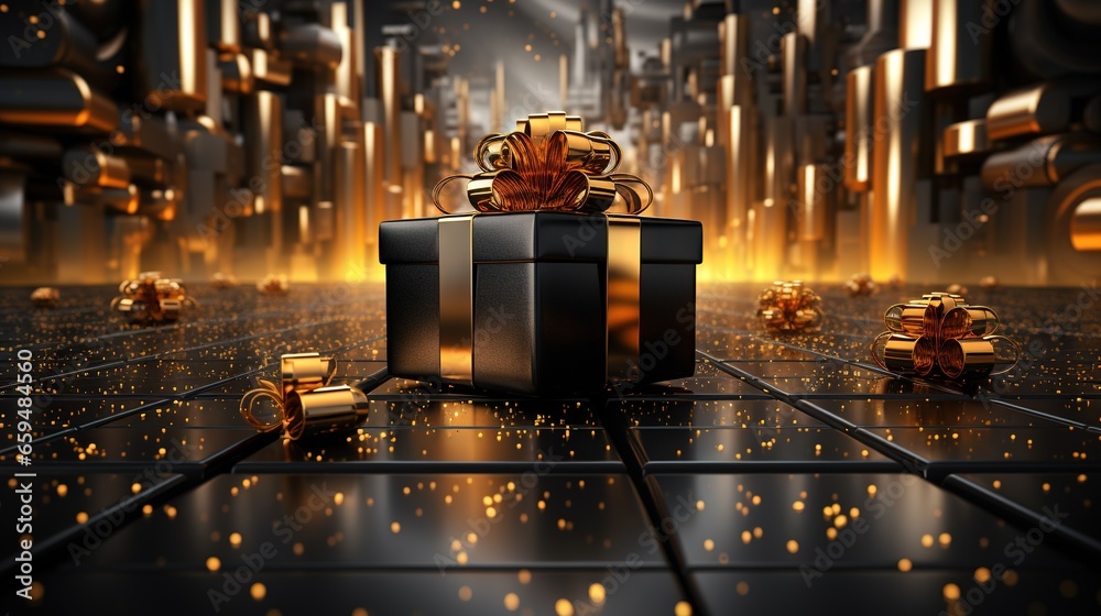  a black gift box with a gold bow on a shiny surface.  generative ai