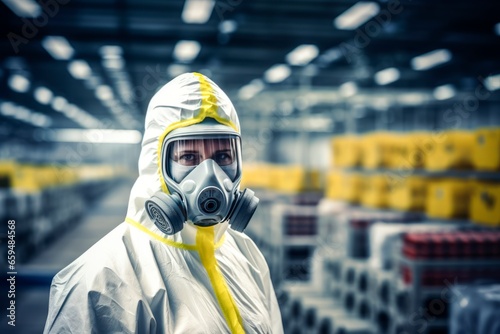 worker wearing PPE protective clothing and gas masks in chemical industry