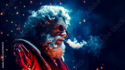 Man with beard and glasses smoking cigarette in dark room.