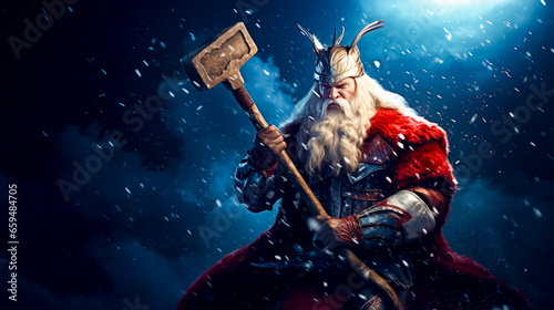 Man dressed as viking holding ax and hammer in the snow.