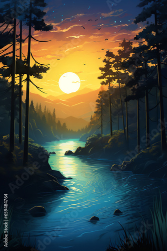 the river at sunrise with pine trees and a sunset, in the style of graphic design-inspired illustrations