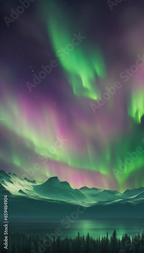 Majestic Sky with Aurora and Stars. Green Northern Lights Wallpaper with copy-space © Nolan