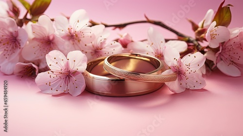  two gold wedding rings with pink flowers on a pink background.  generative ai