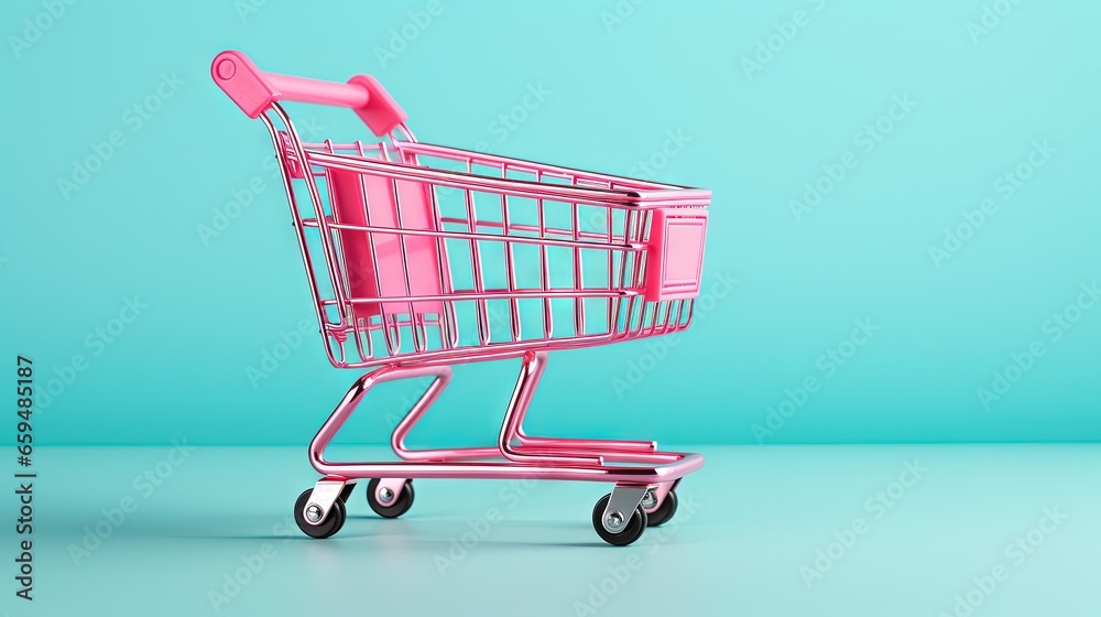  a pink shopping cart on a blue background with a pink handle.  generative ai